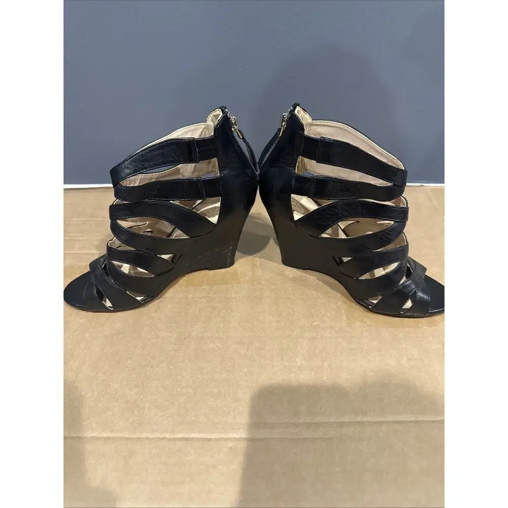 Nine West Cronin Wedges Shoes Black Leather Gladiator Size 6M